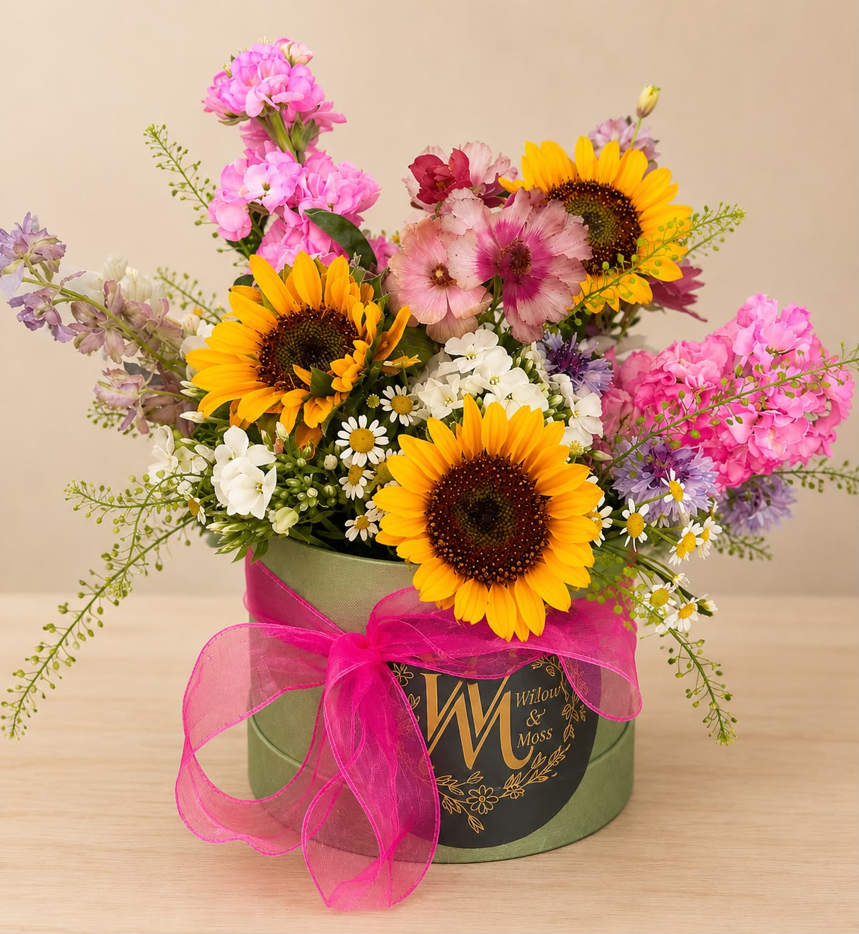 Seasonal hat box arrangement by Willow and Moss