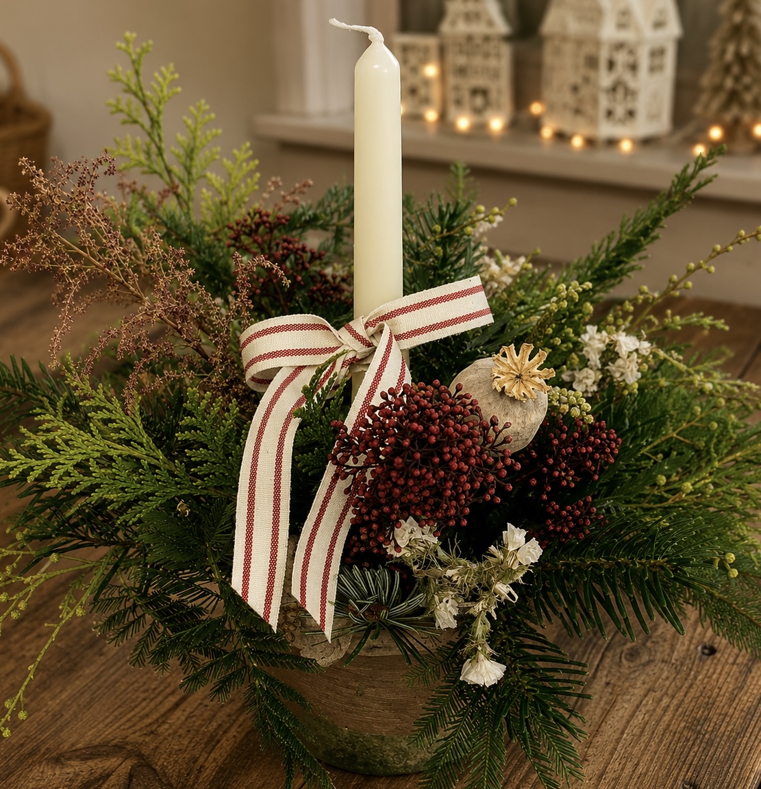 Christmas floral arrangement by Willow and Moss