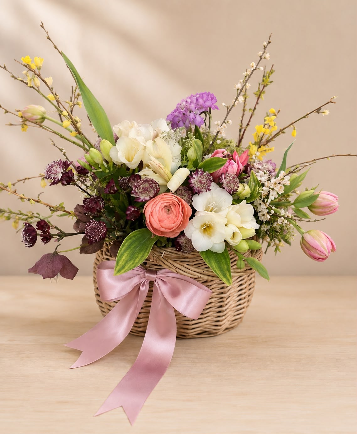 Flower basket arrangement by Willow and Moss