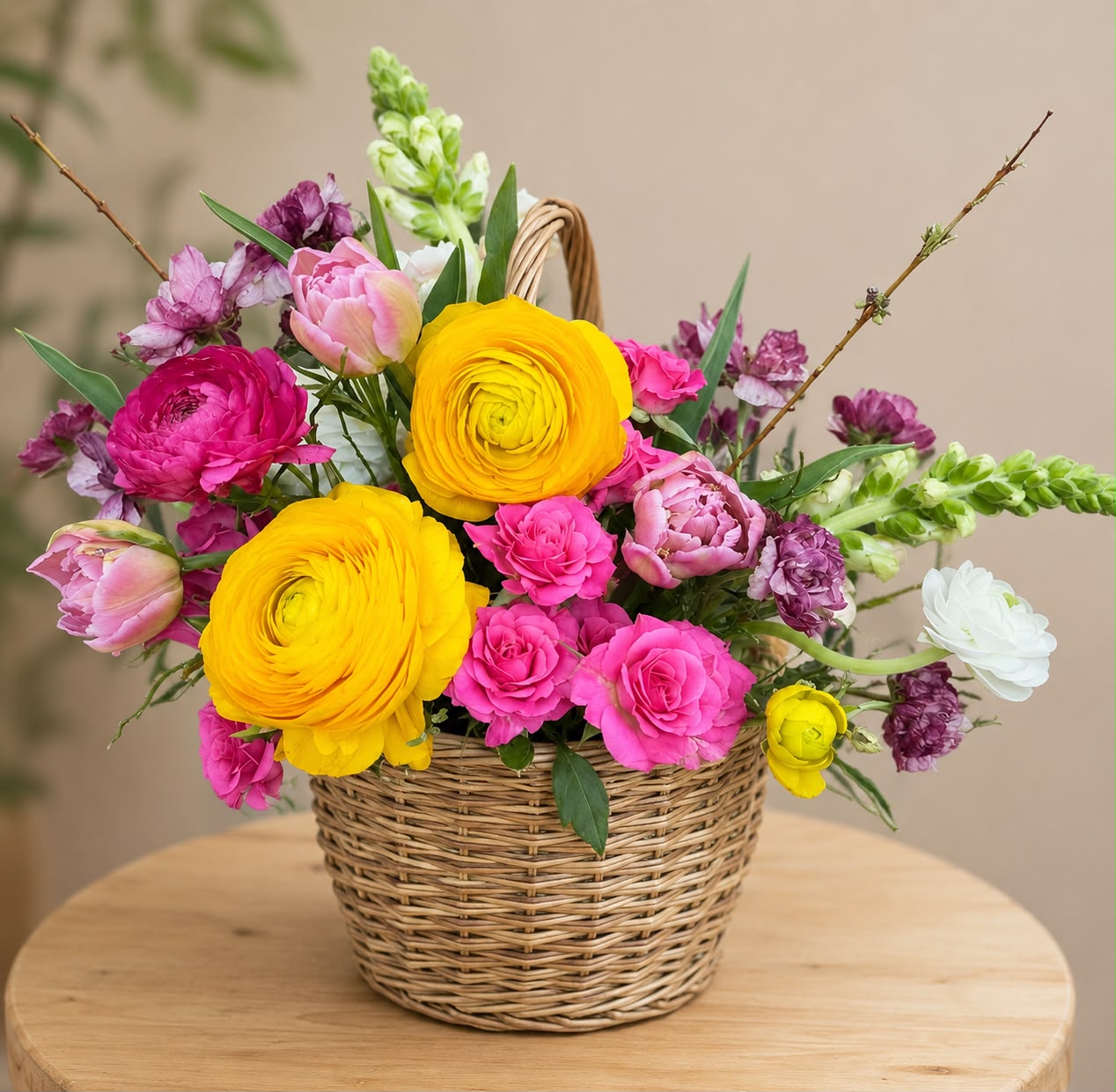 Flower basket arrangement by Willow and Moss